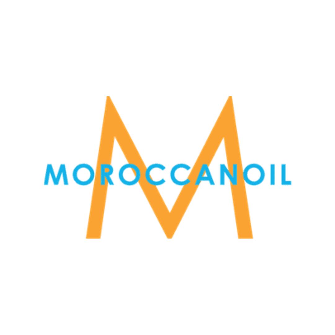 Moroccanoil logo with a large orange "M" and blue text overlay on a green background.