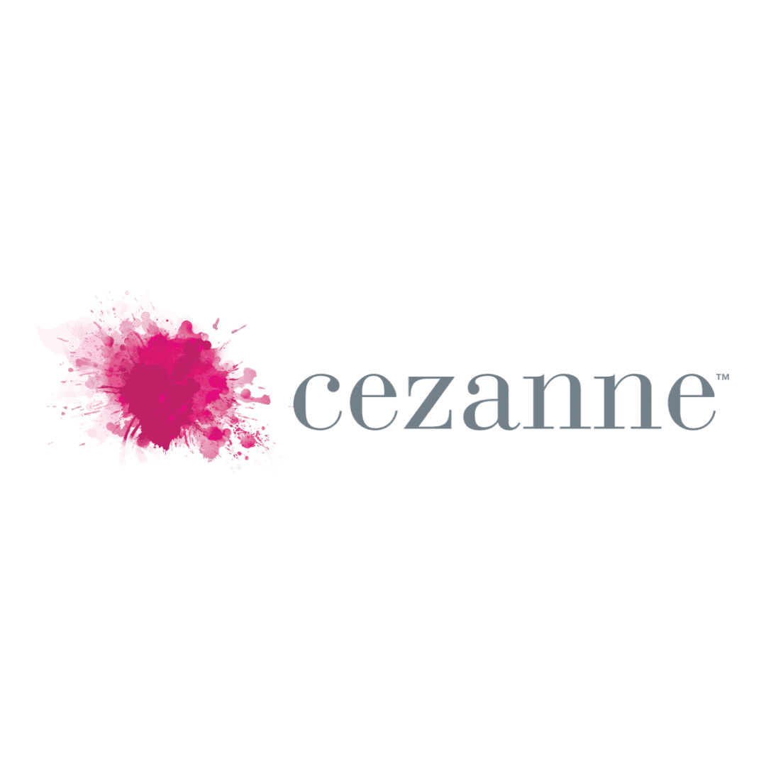 Pink paint splash next to "cezanne" text on a green background.