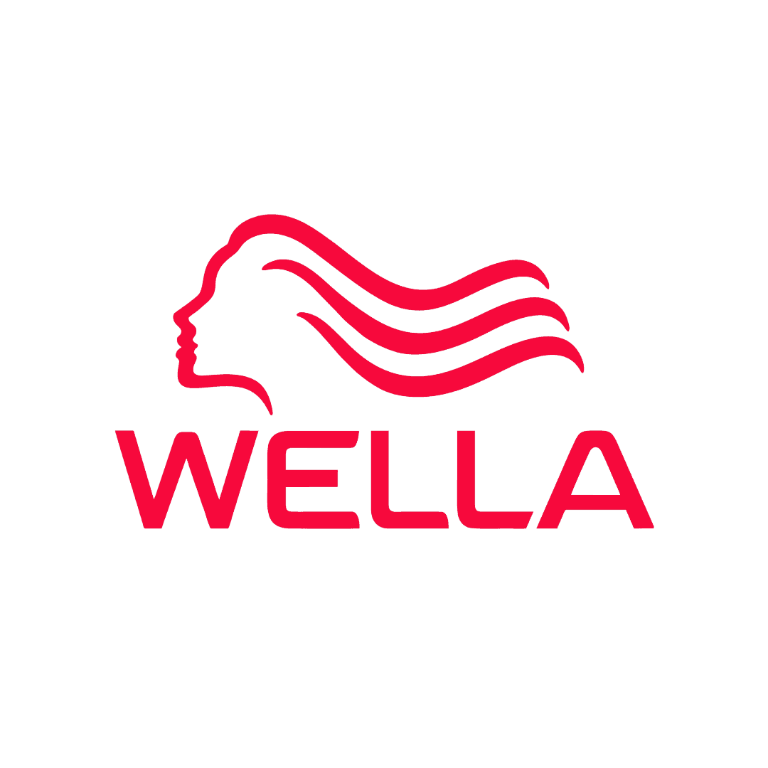 Wella logo featuring a red silhouette of a woman with flowing hair and the word "Wella" below.